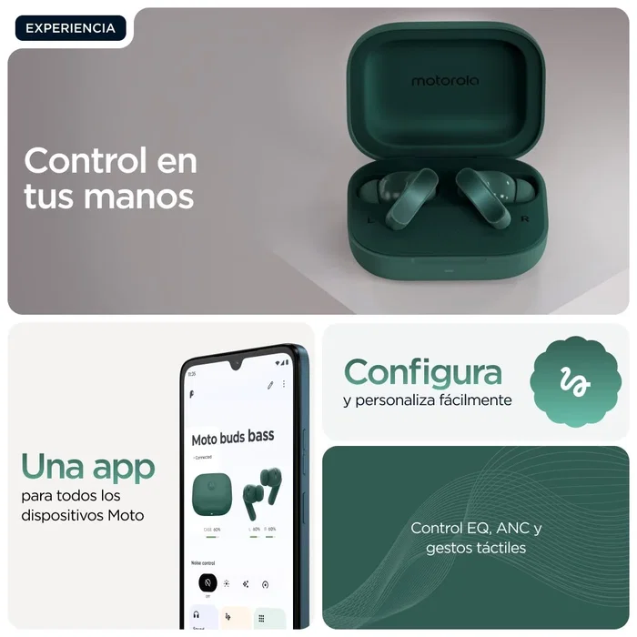 Motorola Moto Buds Bass Verde, Auriculares TWS In-ear con Cancelación de Ruido
