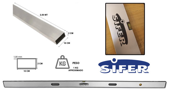 SIFER Regla de Aluminio JYC2000A3 de 2.50 Metros con 2 Asas y 2 Burbujas SIFER Regla de Aluminio JYC2000A3 de 2.50 Metros con 2 Asas y 2 Burbujas