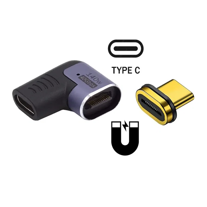 Ewent EC1048 Adaptador USB-C Magnético 90° Macho/Hembra Negro/Púrpura - USB4, 40Gbps, Carga PD 140W, Salida Vídeo 8K@60Hz