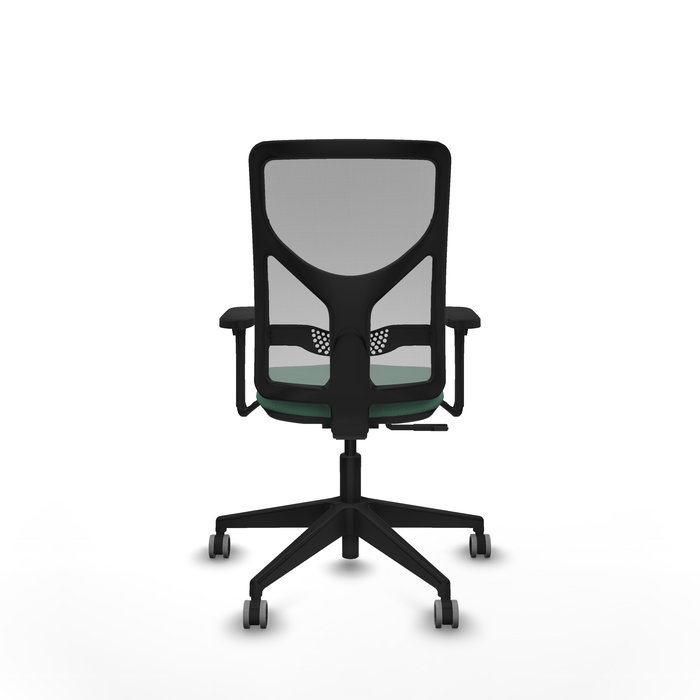 Silla de oficina Motilla con mecanismo Sincro tapizada con Tela color Verde esmeralda y malla color Gris. Equipada con lumbar 1D, Brazos 3D y Ruedas 65 mm parqué