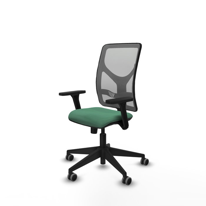 Silla de oficina Motilla con mecanismo Sincro tapizada con Tela color Verde esmeralda y malla color Gris. Equipada con lumbar 1D, Brazos 3D y Ruedas 65 mm parqué