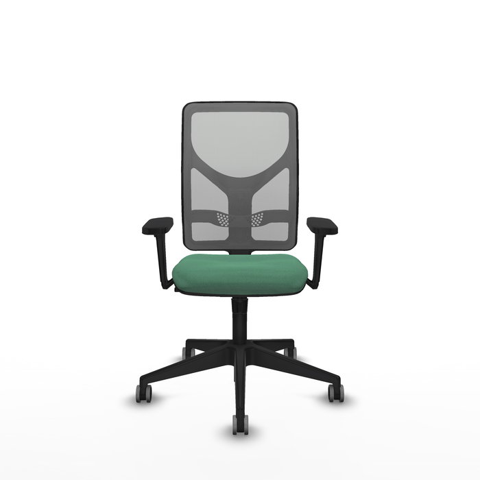 Silla de oficina Motilla con mecanismo Sincro tapizada con Tela color Verde esmeralda y malla color Gris. Equipada con lumbar 1D, Brazos 3D y Ruedas 65 mm parqué