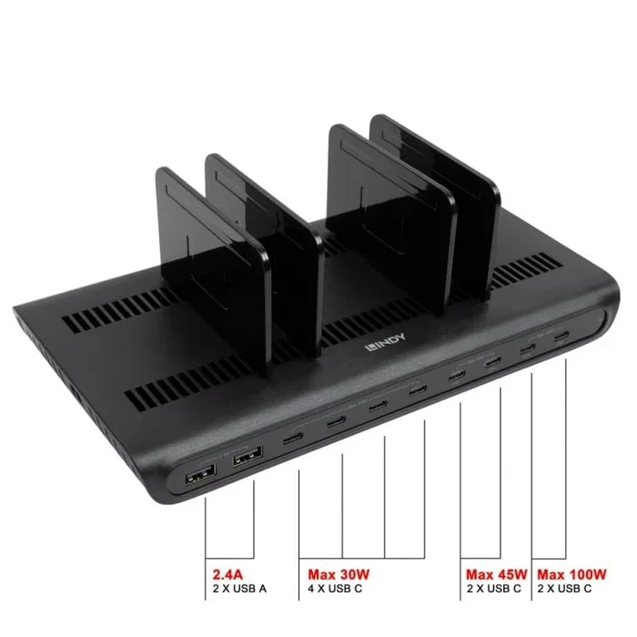 Lindy Estación de carga USB 10 puertos con 8x USB-C y 2x USB-A Lindy Estación de carga USB 10 puertos con 8x USB-C y 2x USB-A