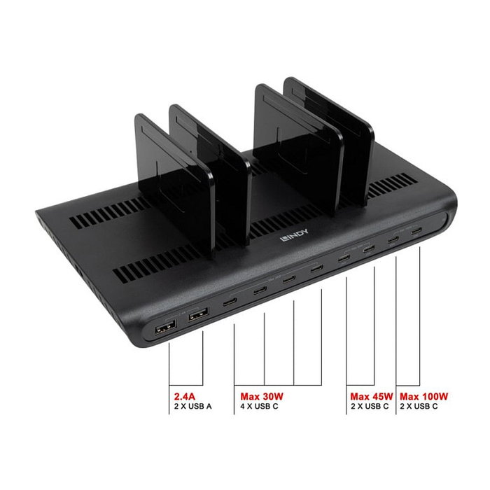 Lindy Estación de carga 10 puertos 240W con 8xUSB-C PD y 2xUSB-A, Arándano