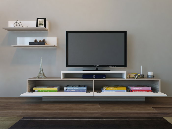 Hanah Home Mueble de TV Lusi - Córdoba, Blanco - Medidas: 180 cm ancho x 40 cm alto x 31 cm prof. - Estantes pared 60 cm