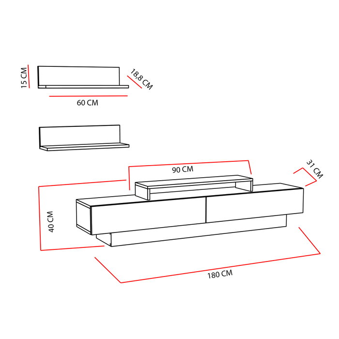 Hanah Home Mueble de TV Lusi - Córdoba, Blanco - Medidas: 180 cm ancho x 40 cm alto x 31 cm prof. - Estantes pared 60 cm