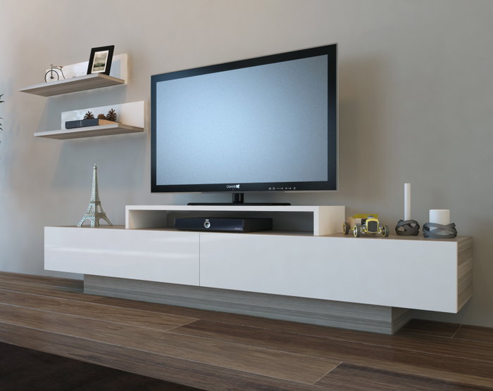 Hanah Home Mueble de TV Lusi - Córdoba, Blanco - Medidas: 180 cm ancho x 40 cm alto x 31 cm prof. - Estantes pared 60 cm