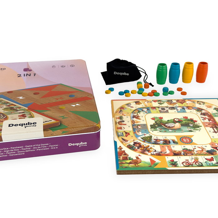 Deqube Parchís Oca Metal Box Madera D00322 - Juego de Mesa Clásicos Parchís y la Oca en Caja Metálica con Fichas de Madera FSC, Idioma Español, Portugués, English, +5 años