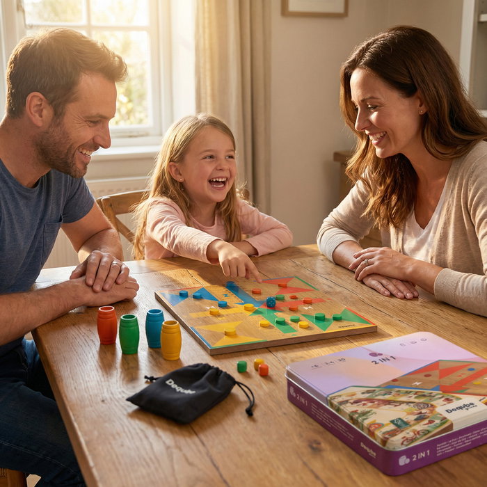 Deqube Parchís Oca Metal Box Madera D00322 - Juego de Mesa Clásicos Parchís y la Oca en Caja Metálica con Fichas de Madera FSC, Idioma Español, Portugués, English, +5 años