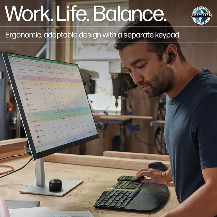 HP 965 Ergonomic Wireless Keyboard Teclado Ergonómico Inalámbrico con Teclado Numérico Desmontable, 20 Teclas Programables, Conexión Bluetooth y USB, Batería Larga Duración