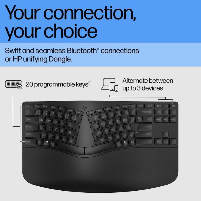 HP 965 Ergonomic Wireless Keyboard Teclado Ergonómico Inalámbrico con Teclado Numérico Desmontable, 20 Teclas Programables, Conexión Bluetooth y USB, Batería Larga Duración