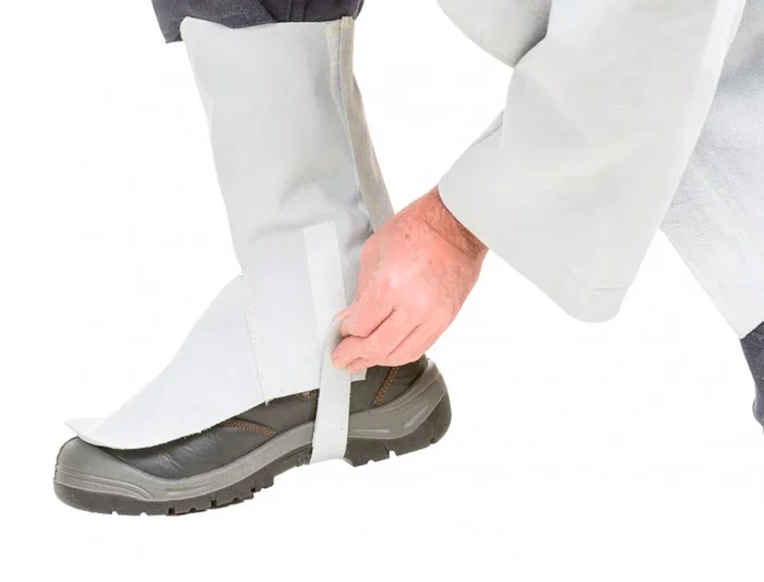 Faru Polaina para soldador de cuero al cromo, ajustable con velcro y hebilla, 40 cm, protección seguridad trabajo