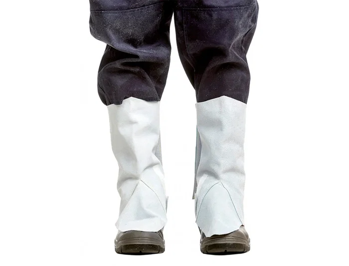 Faru Polaina para soldador de cuero al cromo, ajustable con velcro y hebilla, 40 cm, protección seguridad trabajo