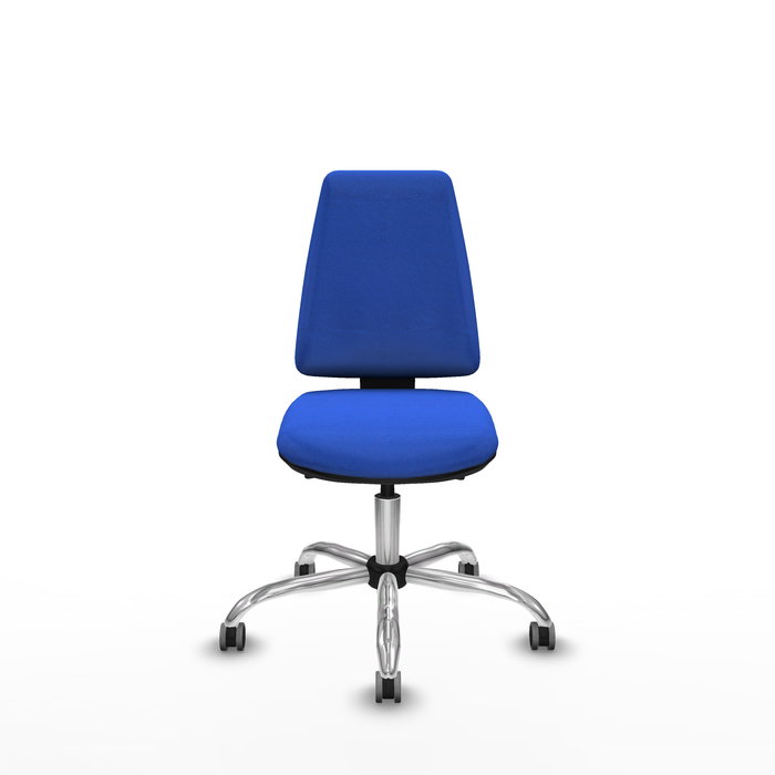 Silla de oficina Elche con mecanismo Asincro tapizada con Tela color Azul. Equipada con Base cromada, Sin brazos y Ruedas 65 mm parqué