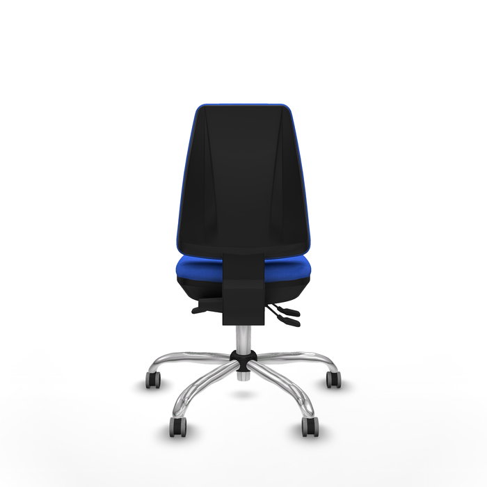 Silla de oficina Elche con mecanismo Asincro tapizada con Tela color Azul. Equipada con Base cromada, Sin brazos y Ruedas 65 mm parqué