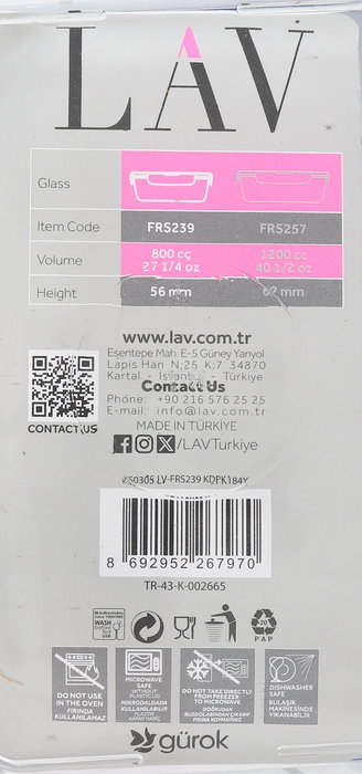 LAV Fiambrera Hermética Fresca 800cc 18x13x6.5 cm (12 Unidades)