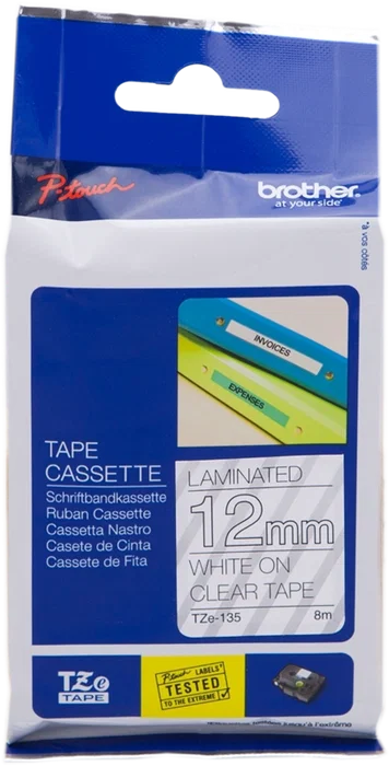 Brother TZe-135 Cinta Laminada 12mm x 8m Blanco sobre Transparente Brother TZe-135 Cinta Laminada 12mm x 8m Blanco sobre Transparente