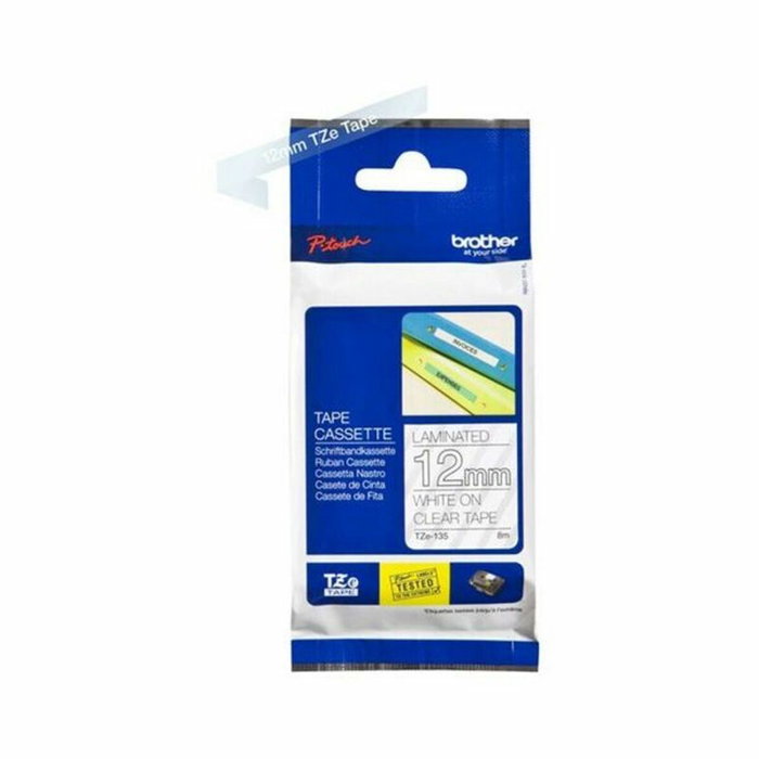 Brother TZe-135 Cinta de Rotuladora Laminada 12mm x 8m Blanco sobre Transparente Brother TZe-135 Cinta de Rotuladora Laminada 12mm x 8m Blanco sobre Transparente