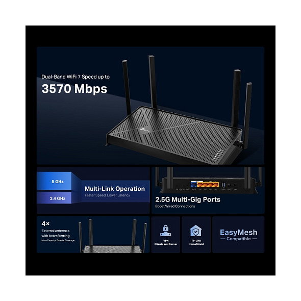 TP-Link Archer BE3600 Router Wi-Fi 7 Doble Banda 2.4 GHz / 5 GHz, 4x4 Flujos, 4 Antenas Externas, Ethernet 2.5 Gbps, Negro, Compatible con Alexa y Google Assistant