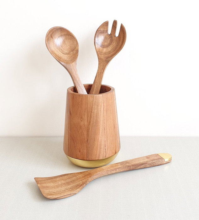 DKD Home Decor Woodsun 23 Bote para Utensilios Basicos, Set de 4 Piezas, Acacia e Inox, Natural y Dorado, 13 x 16.5 x 13 cm