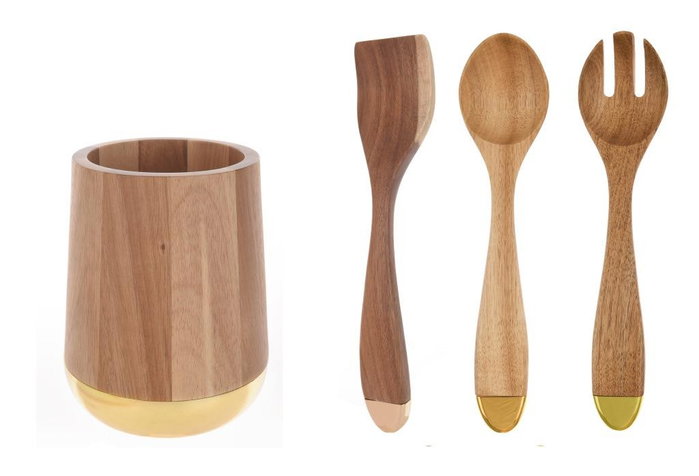 DKD Home Decor Set de 4 Botes para Utensilios de Acacia y Acero Inoxidable