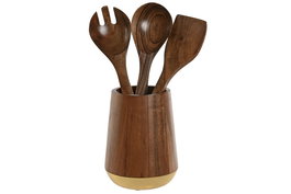 DKD Home Decor Woodsun 23 Bote para Utensilios Basicos, Set de 4 Piezas, Acacia e Inox, Natural y Dorado, 13 x 16.5 x 13 cm