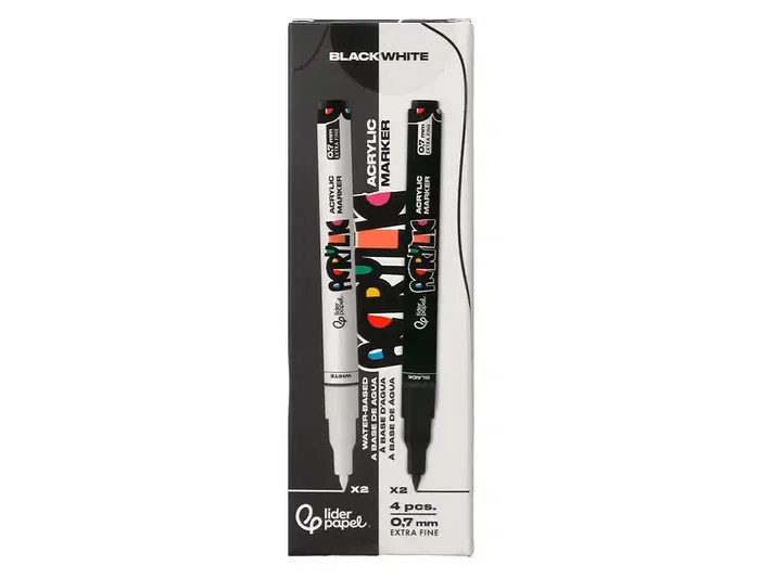 Liderpapel Rotuladores Acrylic Base Agua Todo Tipo de Superficie Punta Fina 0,7 mm Caja de 4 Perfiladores Blanco y Negro