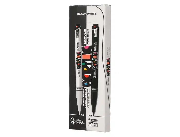 Liderpapel Rotuladores Acrylic Base Agua Todo Tipo de Superficie Punta Fina 0,7 mm Caja de 4 Perfiladores Blanco y Negro