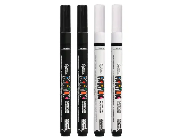 Liderpapel Rotuladores Acrylic Base Agua Todo Tipo de Superficie Punta Fina 0,7 mm Caja de 4 Perfiladores Blanco y Negro