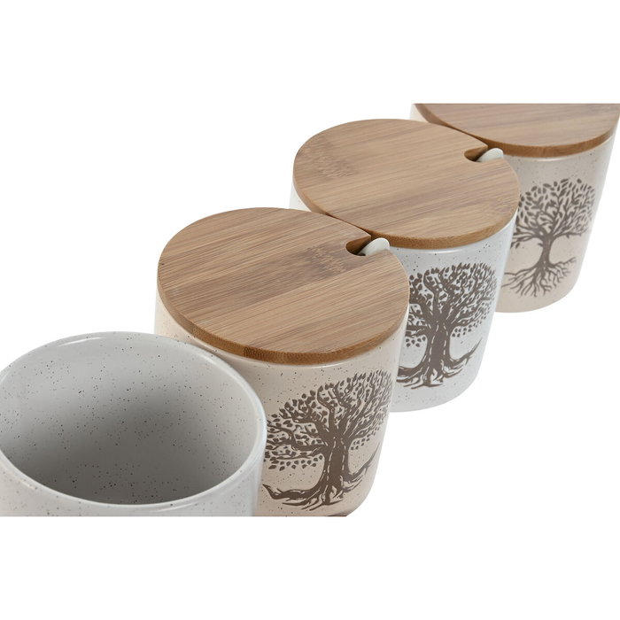 DKD Home Decor Azucareros de Gres Árbol de la Vida, Pack de 4, Beige y Blanco roto