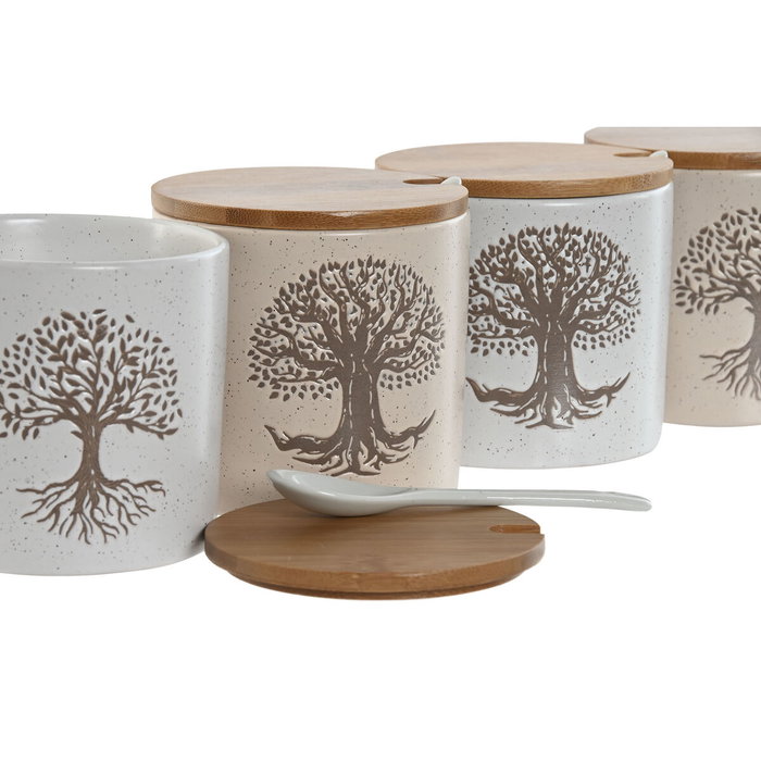 DKD Home Decor Azucareros de Gres Árbol de la Vida, Pack de 4, Beige y Blanco roto