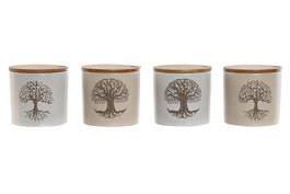 DKD Home Decor Azucareros de Gres Árbol de la Vida, Pack de 4, Beige y Blanco roto