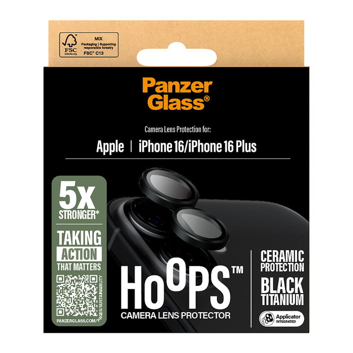 PanzerGlass Protector de Lente de Cámara Cerámico PanzerGlass Hoops para iPhone 16 y iPhone 16 Plus, Resistente a Rayones y Golpes, Aplicación en Seco, Negro