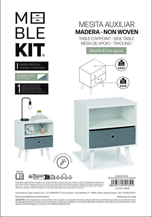 Inde Mesita Auxiliar con 1 Cajón, Mueble de Apoyo, 39 x 29 x 47 cm (2 Unidades)