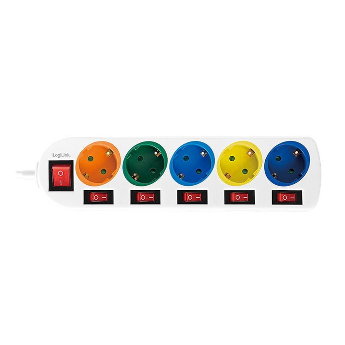 LogiLink Regleta de enchufes de 5 tomas con 5xCEE 7/3 y 6 interruptores, multicolor