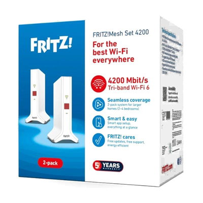 Fritz FRITZ!Repeater Mesh Set 4200 2-pack - Repetidor WiFi 6 Mesh, Triple Banda, Hasta 4200 Mbps, 2 Puertos Gigabit, Fácil Configuración con WPS Fritz FRITZ!Repeater Mesh Set 4200 2-pack - Repetidor WiFi 6 Mesh, Triple Banda, Hasta 4200 Mbps, 2 Puertos Gigabit, Fácil Configuración con WPS