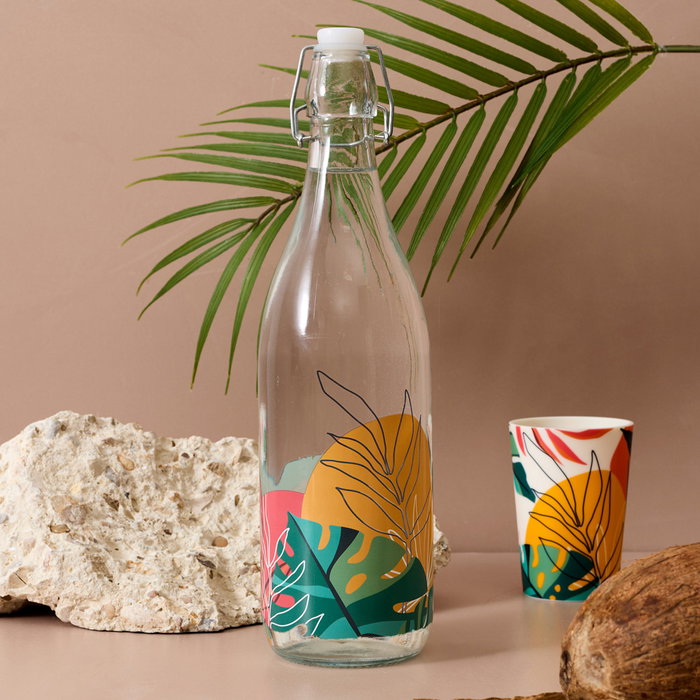 Home Deco Factory Botella Vidrio 1 L Paradis Exo Colección Decorada con Tapón Mecánico