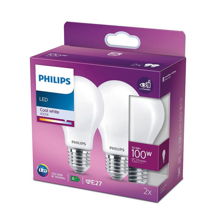 Philips Bombilla LED E27 Estándar 10.5W eq 100W, 1521 lm, Luz Día 4000K, No Regulable, Clase Energética D, Pack de 2 Unidades Philips Bombilla LED E27 Estándar 10.5W eq 100W, 1521 lm, Luz Día 4000K, No Regulable, Clase Energética D, Pack de 2 Unidades