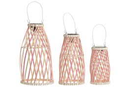 DKD Home Decor Lampara Solar Terraza Jardin Bambu Led Natural Rosa Blanco 36x20x20 cm Set 3
