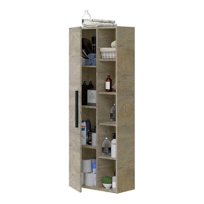 Forés/Arkit Armario Baño Athena Roble Alaska 51x25x135 cm Melamina 1 Puerta 3 Estantes Regulables 4 Estantes Fijos