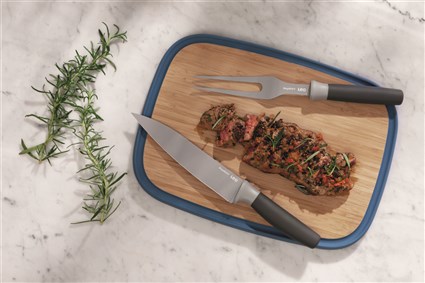 Berghoff Set de Tabla de Cortar + Cuchillo + Tenedor de Trinchar - Práctico y Elegante para Cocina