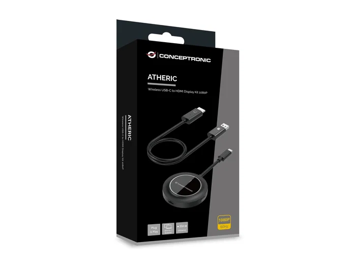 Conceptronic ATHERIC01B Adaptador de Pantalla Inalámbrico HDMI/USB-C a HDMI 5GHz 30m Full HD 1080p 60Hz Plug and Play Negro