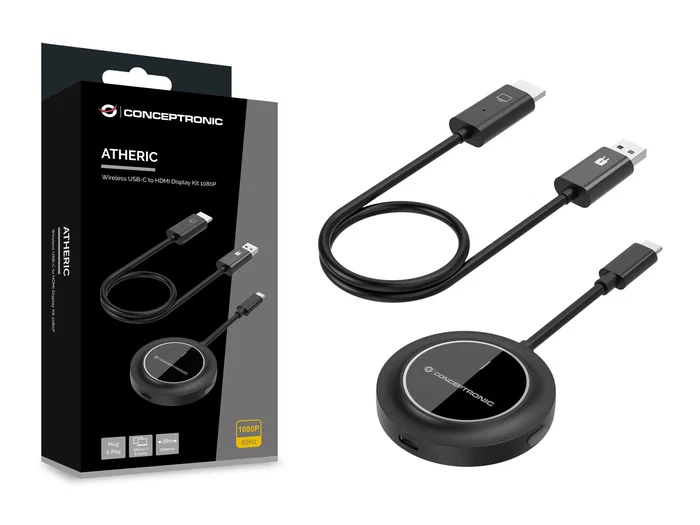 Conceptronic ATHERIC01B Adaptador de Pantalla Inalámbrico HDMI/USB-C a HDMI 5GHz 30m Full HD 1080p 60Hz Plug and Play Negro