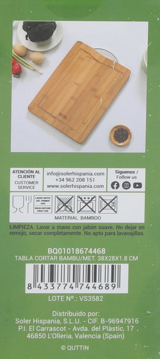 Quttin Tabla Cortar Bambú/Metal 38 x 28 x 1.8 cm (12 Unidades)