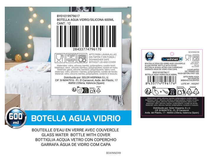 Bewinner Botella Agua Vidrio/Silicona 600ml 7x7x25cm (24 Unidades)