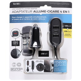 Be Mix Cargador Coche 4 en 1 con 4 Puertos USB (2 USB-A, 1 USB-C, 1 Extra) y Cable 1.5m para Smartphone, Tablet y GPS