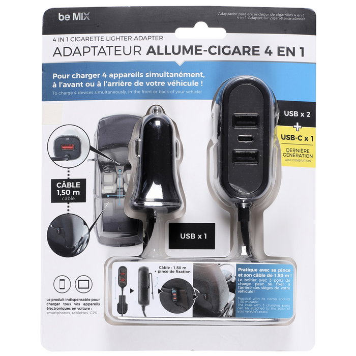 Be Mix Cargador Coche 4 en 1 con 4 Puertos USB (2 USB-A, 1 USB-C, 1 Extra) y Cable 1.5m para Smartphone, Tablet y GPS Be Mix Cargador Coche 4 en 1 con 4 Puertos USB (2 USB-A, 1 USB-C, 1 Extra) y Cable 1.5m para Smartphone, Tablet y GPS