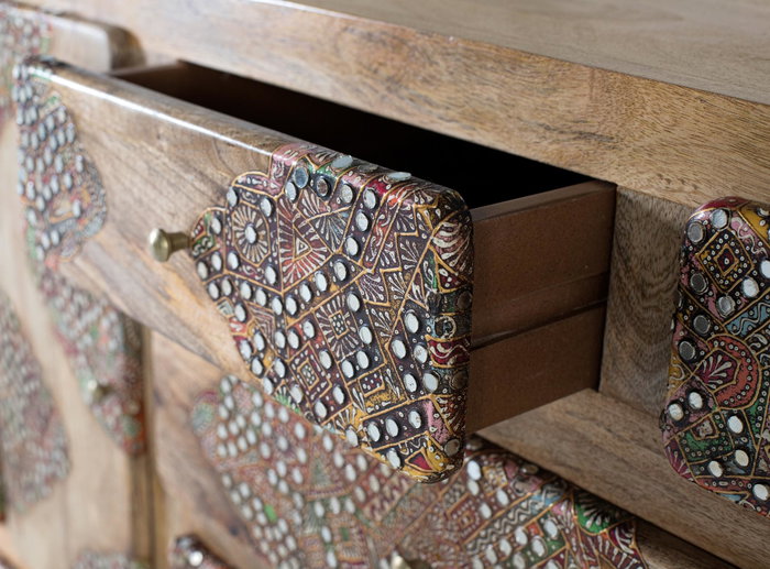 Giner y Colomer Aparador en Madera Maciza de Mango con Detalles a Mano, 148 cm, Diseño Contemporáneo con Cajones y Decoración Tribal