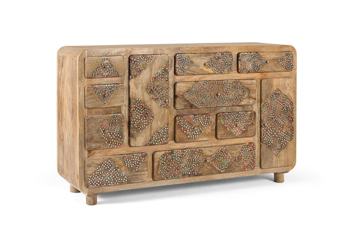 Giner y Colomer Aparador en Madera Maciza de Mango con Detalles a Mano, 148 cm, Diseño Contemporáneo con Cajones y Decoración Tribal