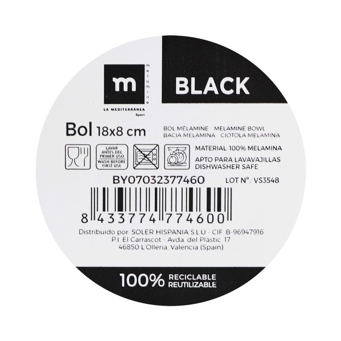 La Mediterranea Bol Melamina Mate Black 18 x 8 cm (24 Unidades)积累